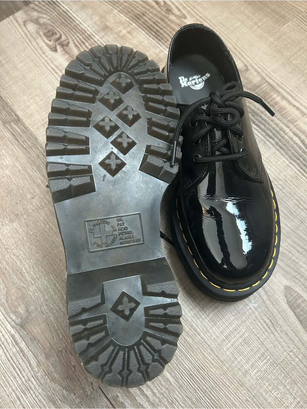 Dr. Martens Black Patent 3-Eye Oxblood-Style Lug Shoe with Yellow Stitching - Picture 5 of 5